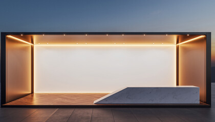 Elegant exhibition booth design with modern lighting and marble counter for sophisticated product displays, showcasing luxury and innovation for brand promotion