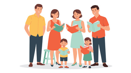 Illustration of Family Reading Books Together, Parents and Children Enjoying Literature, Colorful Outfits