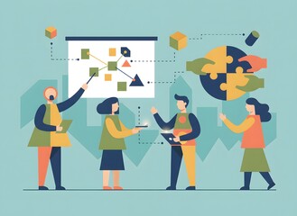 Dynamic Team Collaboration and Strategic Business Planning Illustration, Fostering Innovation, Problem-Solving, and Project Management for Corporate Growth