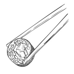 Chopsticks holding sushi roll. Traditional Japanese food. Concept for sushi restaurant, cafe, delivery. Doodle sketch style. Vector illustration isolated