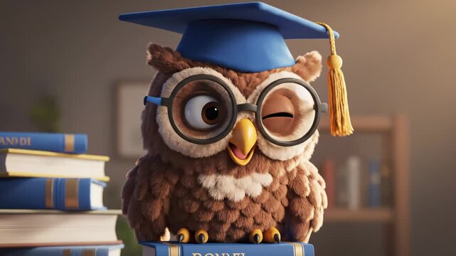 Cartoon Owl Wearing Graduation Cap and Glasses Sitting on Book Stack