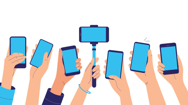 Multiple Hands Holding Blue Screen Smartphones and Selfie Stick Isolated on a White Background
