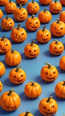 Row of jack-o'-lanterns on blue surface