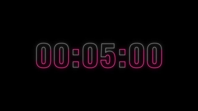 countdown timer 1 minute simple concept, black background in 4K video.neon glowing
