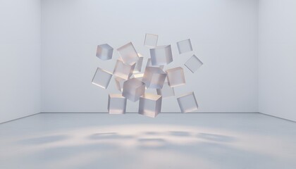 A dynamic cluster of translucent cubes suspended in mid-air against a clean, minimalist backdrop