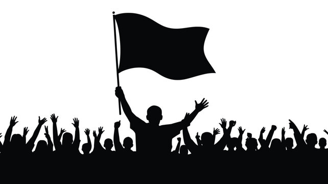Silhouetted Crowd Raising Hands with Leader Holding Black Flag on White Background Protest