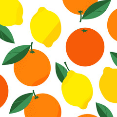 Vibrant Citrus Fruit Seamless Pattern. Lemons, Oranges, Green Leaves on White.