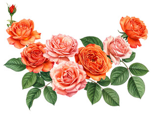 Curved Rose Branch Cluster in Orange and Pink Tones, Organic Flowing Shape, Isolated