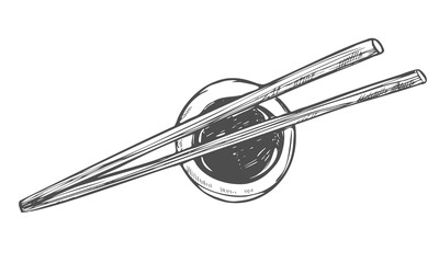 Japanese chopsticks and soy sauce. Asian food element. Doodle sketch style. Vector illustration isolated on white background.