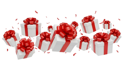 Falling white gift boxes with vibrant red ribbons and bows, surrounded by confetti, creating a festive celebration theme, isolated on transparent background.