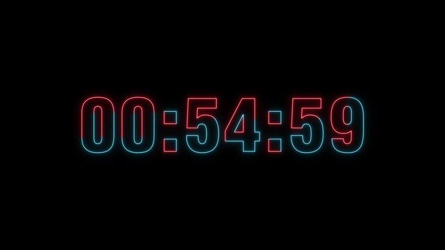 Glowing neon 1 minutes countdown with black background.1 Minute Digital Negative Countdown. seconds on transparent background 60 second countdown