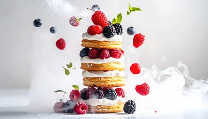 Tower of pastries with berries & smoke