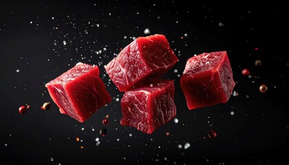 Cubed raw meat against dark backdrop