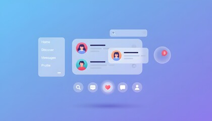 User interface design with profile icons and social media engagement elements on a blue background, showcasing a modern digital experience