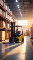 Forklift truck in a large warehouse