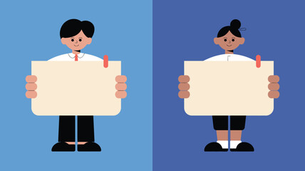 Two Cartoon People Holding Blank Signs, Separated by Blue Backgrounds, Ready for Your Text