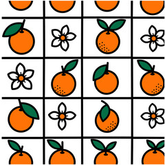 Vibrant Seamless Pattern with Stylized Oranges and Blossoms. Fresh Citrus Fruit and Floral Graphic Design Background
