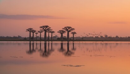 Majestic baobab trees stand silhouetted against a vibrant orange and pink sunset sky, their reflections shimmering in the calm water below, with a flock of birds flying overhead