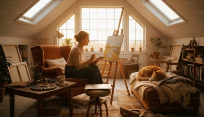 Young woman painting a landscape on canvas, seated in a cozy, sunlit attic studio, with a ginger cat sleeping nearby and various art supplies