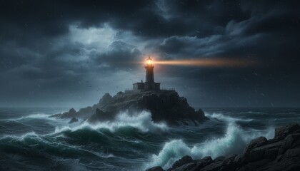 Sturdy stone lighthouse stands on a rugged island, its powerful beam cutting through a dramatic, dark, and rainy stormy sea with crashing waves under a heavy cloud-filled sky