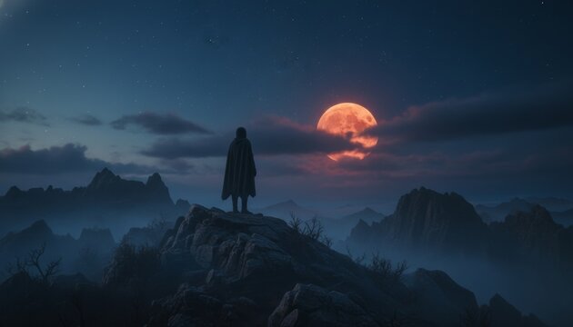 Solitary hooded figure stands on a rocky peak, gazing at a large, vibrant orange moon rising above a misty, dark mountain range under a starry night sky - Powered by Adobe