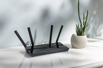 Black WiFi router with four antennas on white desk beside cactus pot, modern home interior concept of fast stable wireless internet