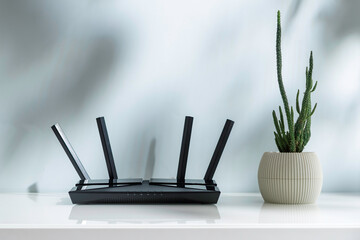 Modern WIFI router with antennas next to cactus on bright white desk, symbol of home comfort, stable internet connection and smart life
