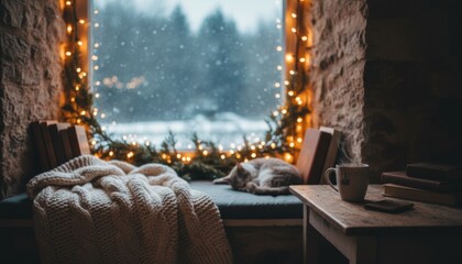 Cozy winter window seat with a sleeping cat, warm knitted blanket, and steaming mug, adorned with festive string lights against a snowy outdoor view
