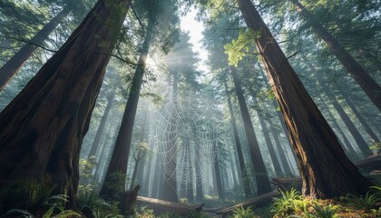 Intricate dewy spiderweb glistens brightly in a misty ancient forest, illuminated by sunbeams piercing through the towering redwood trees and dense canopy