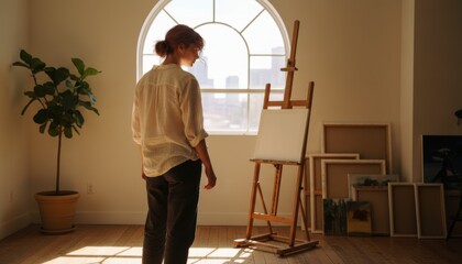 Thoughtful young woman artist stands contemplating her blank canvas on an easel in a sunlit studio, bathed in warm natural light from a large arched window