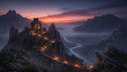 Majestic ancient stone temple complex, illuminated by warm lanterns, sits atop a rugged mountain peak overlooking a misty river valley at a vibrant sunset