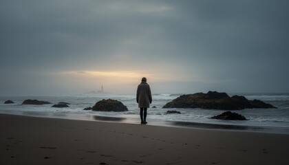 Solitary person stands on a sandy beach, gazing at the vast, moody ocean with dark rocks and a distant lighthouse under a dramatic, overcast sky at dusk