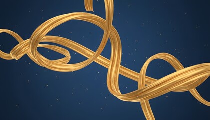 Dynamic Swirls of Shimmering Gold Ribbons Elegantly Flowing Against a Deep Starry Blue Background, Creating a Luxurious and Abstract Visual Design for Modern Graphics