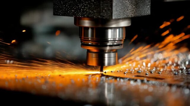 Close Up of Metal Milling Machine Cutting Gray Material with Sparks Flying in Dark Background Focused Metal Machining Sparking Metalworking Process Creating Metal Components