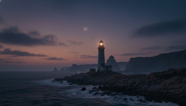 Tall white lighthouse stands brightly illuminated on a rugged rocky coastline, guiding ships across the dark, wavy ocean under a dramatic twilight sky with a crescent moon - Powered by Adobe