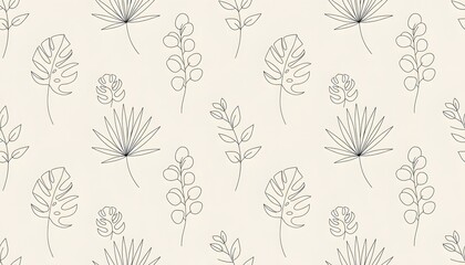 Botanical Line Art Pattern on Light Beige Background