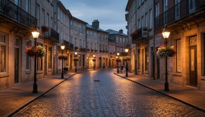 Charming cobblestone street lined with historic stone buildings, illuminated by warm glowing street lamps adorned with colorful flower baskets at tranquil dusk