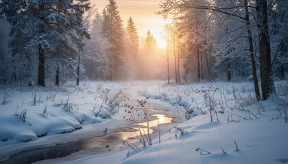 Tranquil partially frozen stream meanders through a pristine snow-covered forest, bathed in the soft, golden light of a winter sunrise