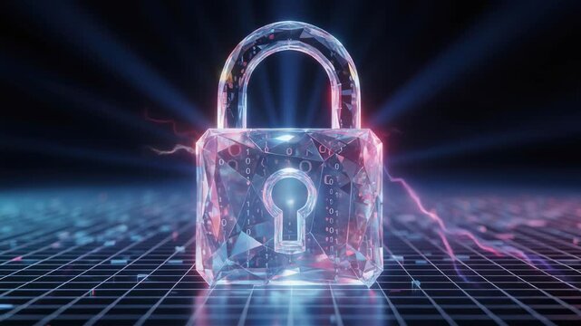 Sparkling faceted digital padlock on a glowing data grid surrounded by pink and blue electrical lightning bolts representing advanced cybersecurity protection