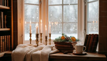Cozy winter scene with glowing candles, old books, and a warm drink, beautifully arranged on a wooden shelf beside a snowy window, evoking comfort and holiday spirit