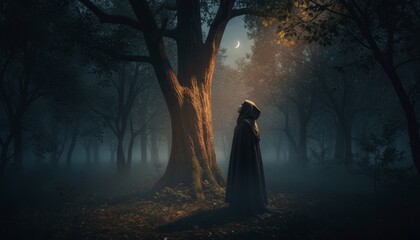 Mysterious hooded figure in a dark cloak stands beside a large illuminated tree, looking up at the crescent moon in a mystical, misty forest at twilight