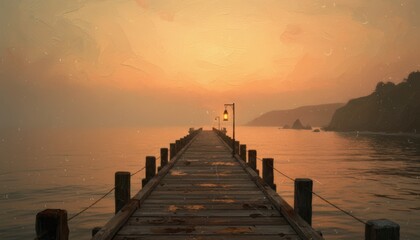 Long wooden pier extends into the calm ocean water, illuminated by glowing lanterns under a warm, painterly sunset sky with distant hills and a serene, atmospheric mood