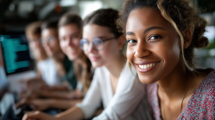 Fototapeta premium Diverse multiethnic group of female and male faceless students sitting together in infographics room collaborating on school project, young scholars studying software development o