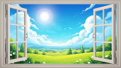 Fototapeta premium Open Window View to Idyllic Countryside: Sunny Green Fields, Blue Sky, and Fluffy Clouds in a Cartoon Landscape