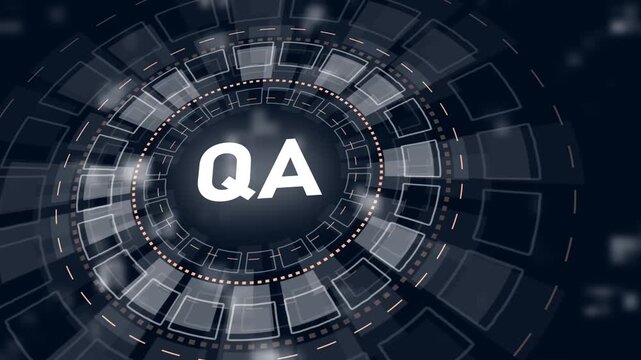 Futuristic HUD interface with glowing white circular elements and QA text quality assurance technology