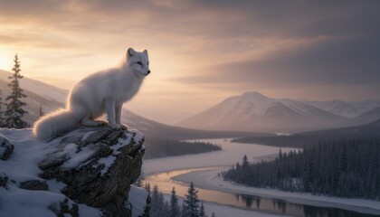 Majestic white arctic fox sits gracefully on a snowy cliff overlooking a vast winter landscape with a winding frozen river under a soft golden hour sky