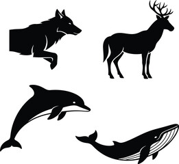 Obraz premium Collection of black and white wild animal silhouettes vector icons.