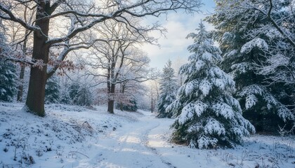 Beautiful snow-covered winter forest path winds through a serene landscape of frosted trees and sunlit evergreens under a clear blue sky, evoking a peaceful and tranquil natural scene