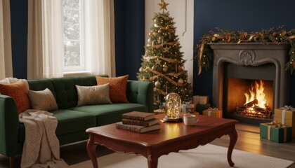 Cozy Christmas living room interior features a beautifully decorated tree, glowing fireplace, and comfortable green sofa, creating a warm, inviting holiday atmosphere