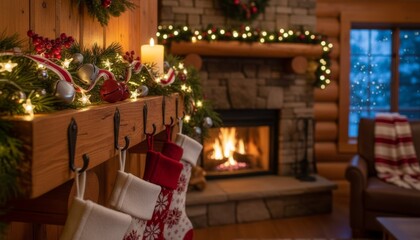 Cozy Christmas mantelpiece adorned with festive garland, glowing candle, and hanging stockings, set against a warm fireplace and snowy window in a rustic cabin